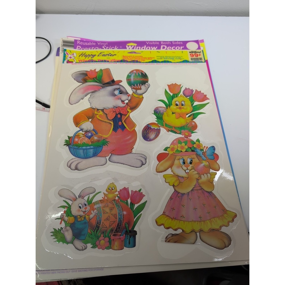 Easter Window Color Clings Colorful Vintage Easter Bunny and Eggs 5 Sheets